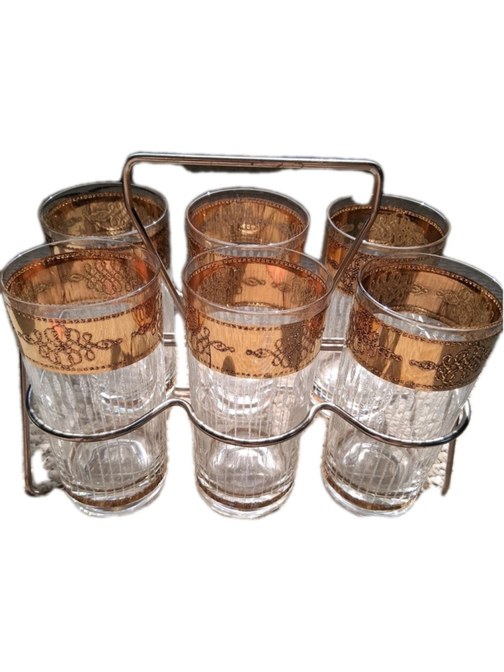 Culver TYLER 22K Gold Decorated 8OZ Highball Glasses Set of 6 With Caddy